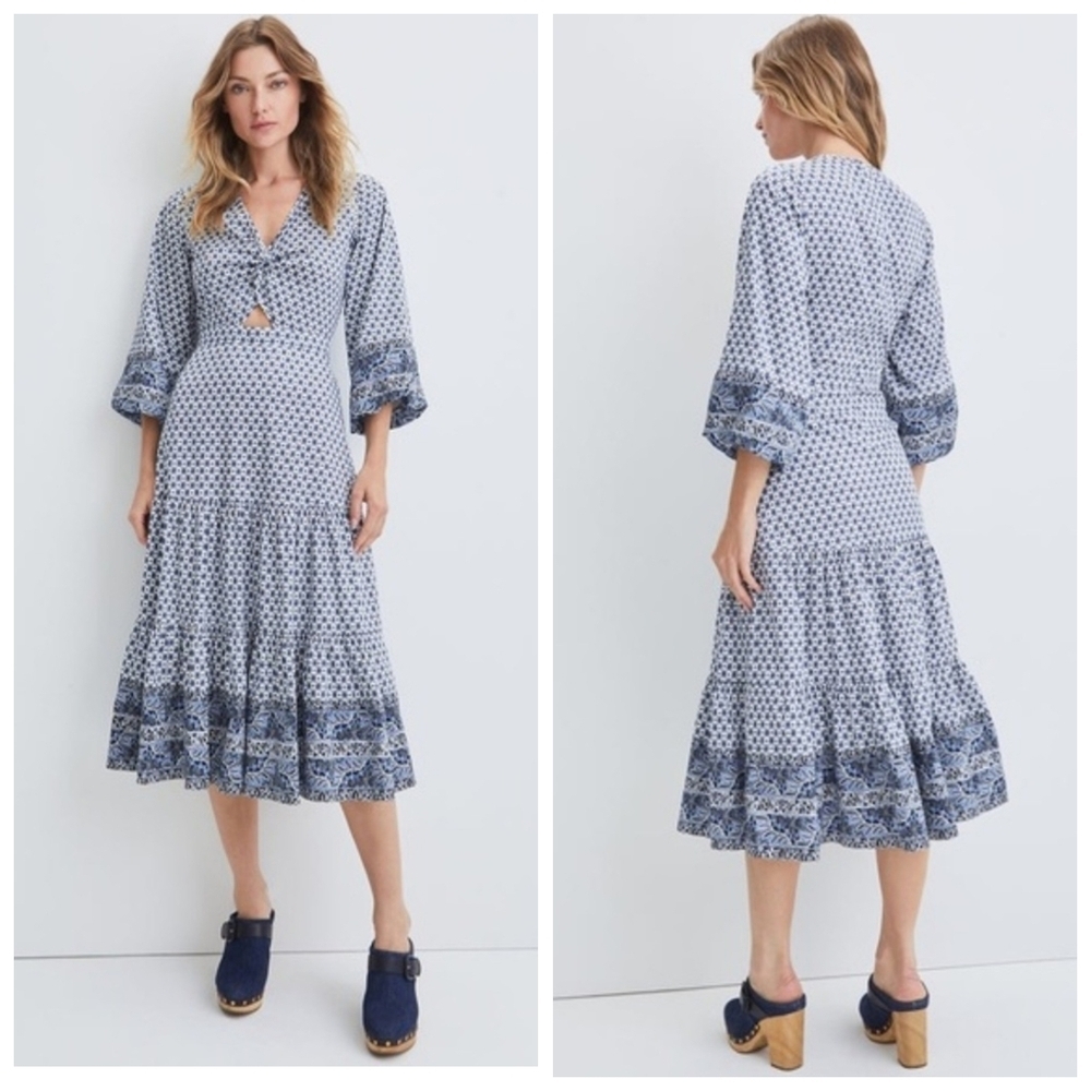 Veronica Beard Dinia Geometric Print Cutout Midi Dress Blue White Size 6 Boho
